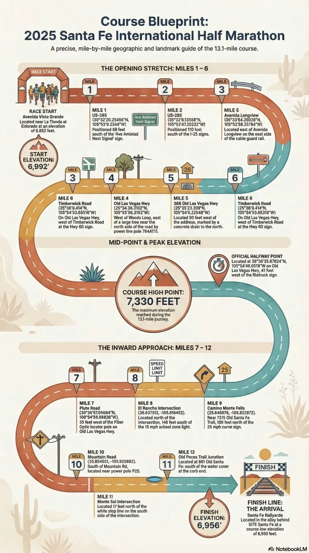Mile-by-mile course blueprint with turn-by-turn details and key landmarks along the 13.1-mile route
